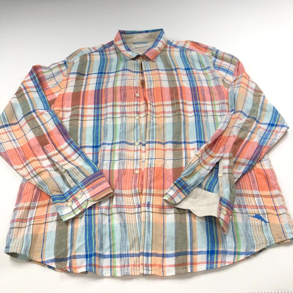 Tommy Bahama Large 18/37 100% Linen Long Sleeve Check Plaid Casual Shirt Orange